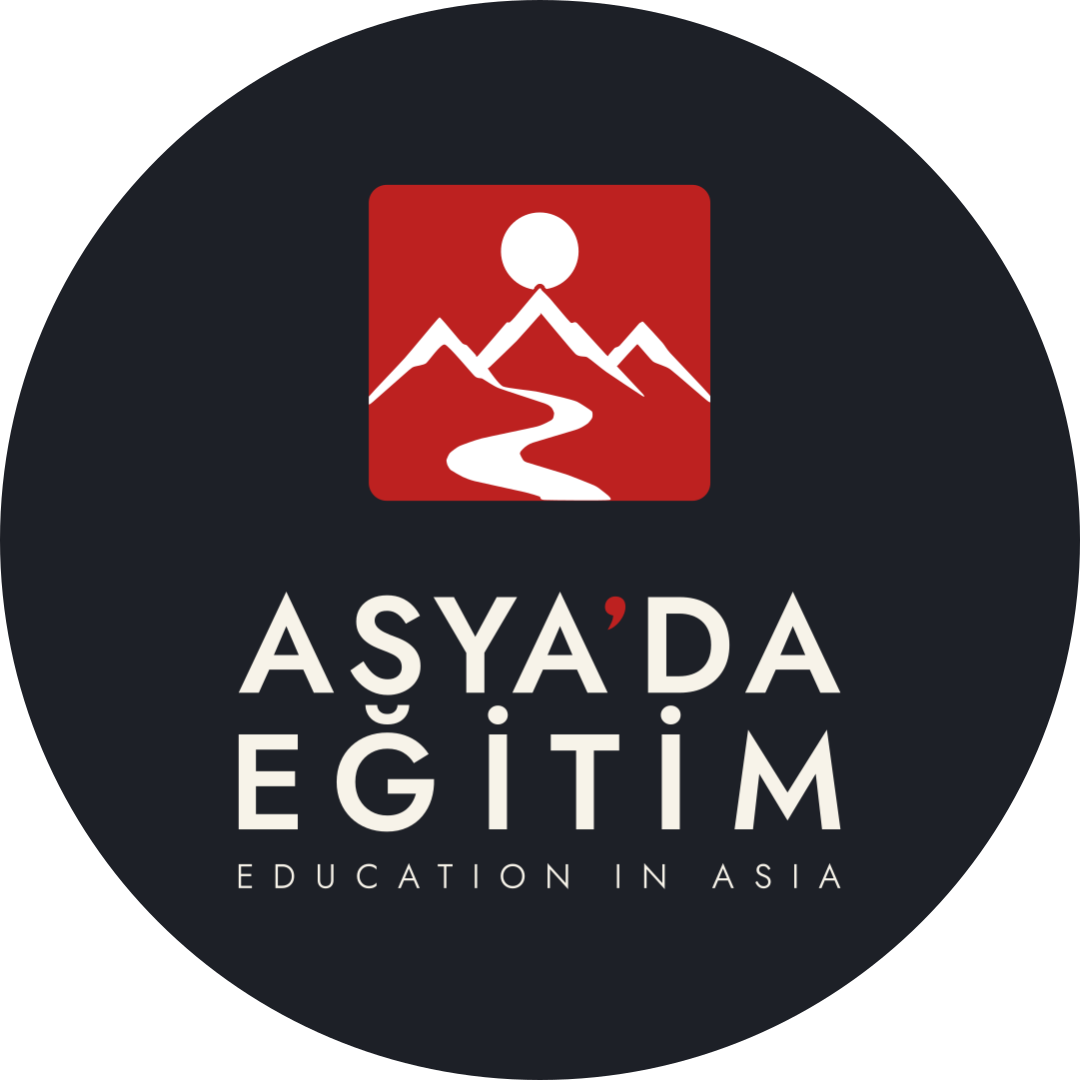 Koyu daire üzerinde kırmızı mühür ve açık renk Asya'da Eğitim yazısı